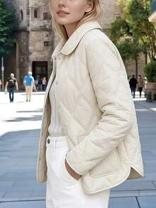 Women's White Quilted Diamond Pattern Thick Loose Winter Coat, Autumn Commute - White - View 2
