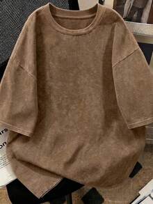 1 Piece Of Women's Short-Sleeved T-Shirt, Casual Style, Loose Fit, Round Neck, Washed Fabric With Tie-Dye Effect, For Office, Campus, Daily Wear, Dates, Meetings, Black Color. - 摩卡棕 - 查看 1