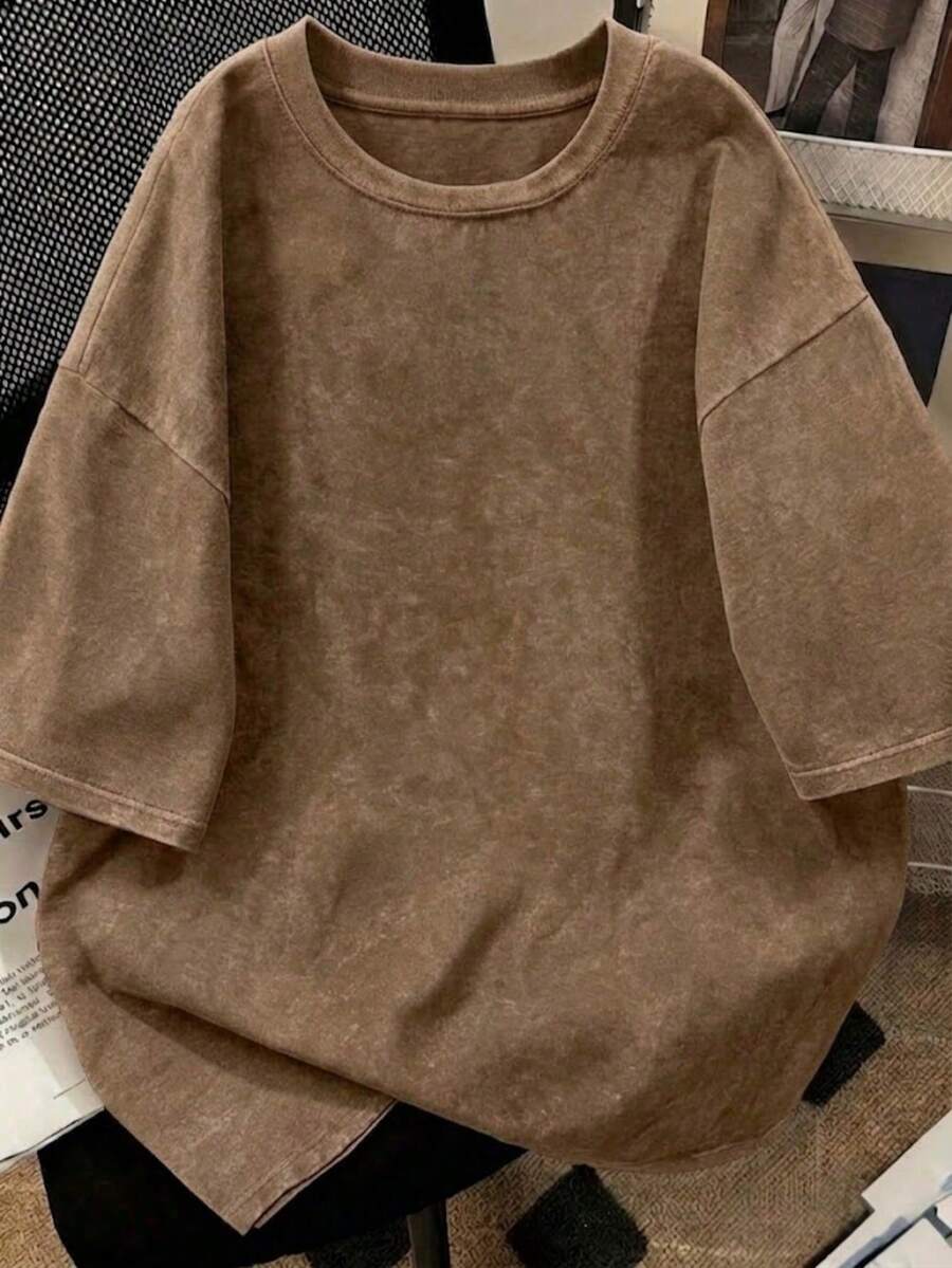 1 Piece Of Women's Short-Sleeved T-Shirt, Casual Style, Loose Fit, Round Neck, Washed Fabric With Tie-Dye Effect, For Office, Campus, Daily Wear, Dates, Meetings, Black Color. - 摩卡棕 - 查看 1