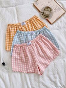 3 piezas de shorts cómodos y casuales con estampado a cuadros, decorados con lazos, shorts para dormir en verano - Multicolor 6 - Ver 1