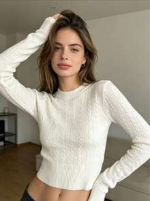 Women's White Cropped Long-Sleeved Blouse With A Ribbed Braid Pattern, Round Neck, And Soft Fabric With Medium Stretch. - White - View 1