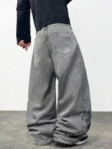 Justice Brother 1pc American Streetwear Personalized Embroidered Men's Denim Jeans Casual All-Season Loose Wide Leg Long Pants (Belt/Accessories Not Included) - Grey - View 1