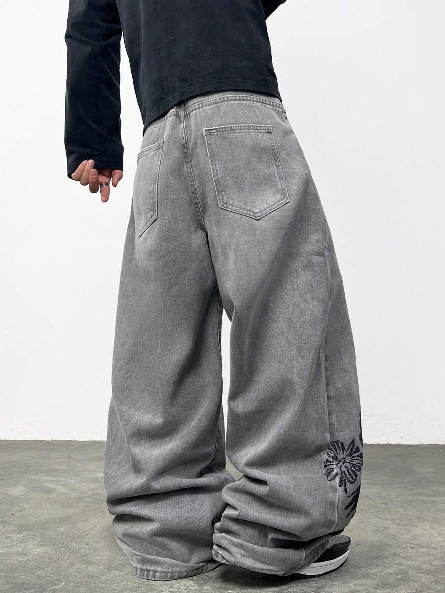 Justice Brother 1pc American Streetwear Personalized Embroidered Men's Denim Jeans Casual All-Season Loose Wide Leg Long Pants (Belt/Accessories Not Included) - Grey - View 1