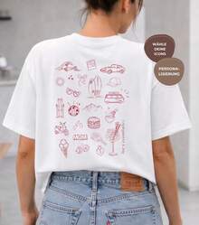 Custom Icons Collage Graphic Tee, Retro Red Linework Lifestyle Back Print Shirt - 白色 - 查看 1