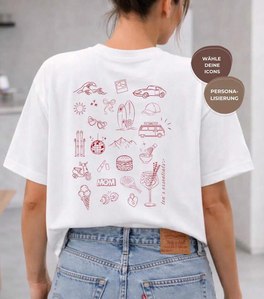 Custom Icons Collage Graphic Tee, Retro Red Linework Lifestyle Back Print Shirt - 白色 - 查看 1
