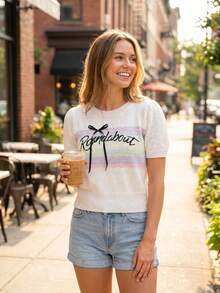 Women's Short Sleeve Bow Decor Round Pattern Knit Top, Soft Comfortable Elastic Polyester Fiber Cropped Pullover - Apricot - View 4