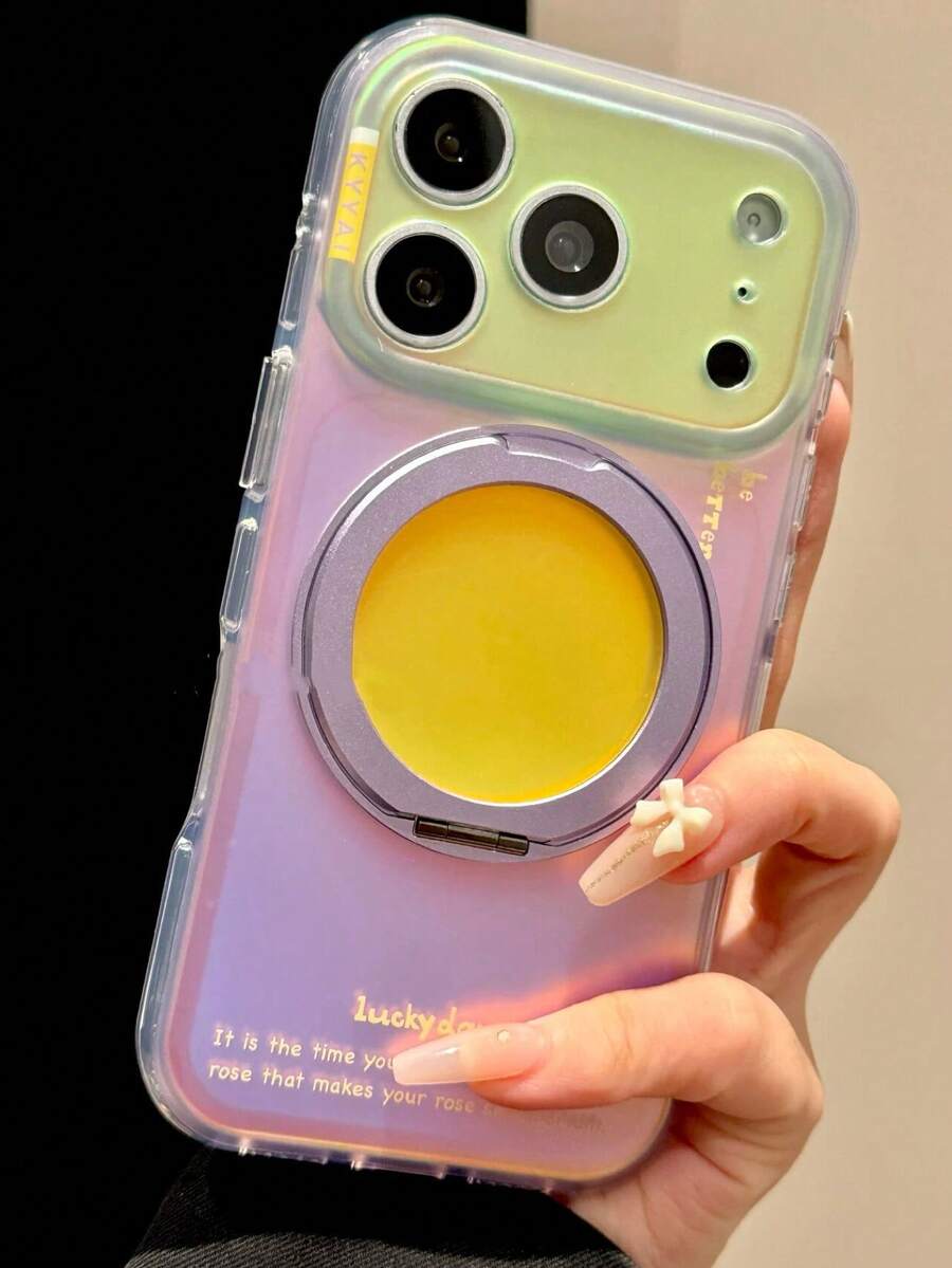 Premium Niche Color-Block Aurora Laser 360° Rotating Stand Phone Case Compatible With Apple 17 Pro Max, 17 Pro, 16 Pro, 15 Pro, 18 Pro Max, Acrylic Shockproof Protective Cover For Women - Silver - View 1