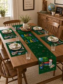 1 pieza - Juego de camino de mesa y manteles individuales de vuelta a la escuela, decoración de mesa de lino verde con mochila, libros, globo terráqueo, despertador y estilo de pizarra para fiesta de aula y comedor del hogar - Multicolor - Ver 7