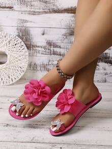 1 Pair Hot Pink Women's Summer Floral & Rhinestone Butterfly Decor Toe Loop Flat Slide Sandals, Stylish Open Toe Casual Slippers - Hot Pink - View 1
