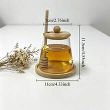 Multi-Purpose Bee Glass Honey Jar With Honey Stirrer, Bamboo Lid And Wooden Base, Transparent Glass Container, Suitable For Honey, Coffee Beans, Tea Leaves And Floral Arrangements - Multicolor - View 3