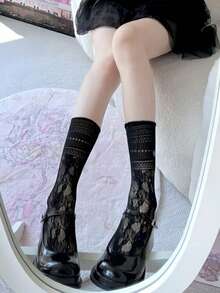 1 Pair Women's Sweet Ballet Style Ruffled Calf Socks, Summer Thin Breathable Hollow Mesh Lace Trim Lolita Short Socks - Multicolor - View 11