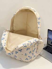 3pcs Nylon Bow Print Backpack Set, Foldable Multi-Po Cket Large CapacityWater-Resistant Zipper Backpack Suitable F Or Teenagers, High School - Blue - View 2