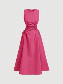 MOD Vestido largo negro para una cita nocturna con detalle plisado sólido en el lateral cruzado y escote de frenillo - Rosa Fucsia - Ver 1