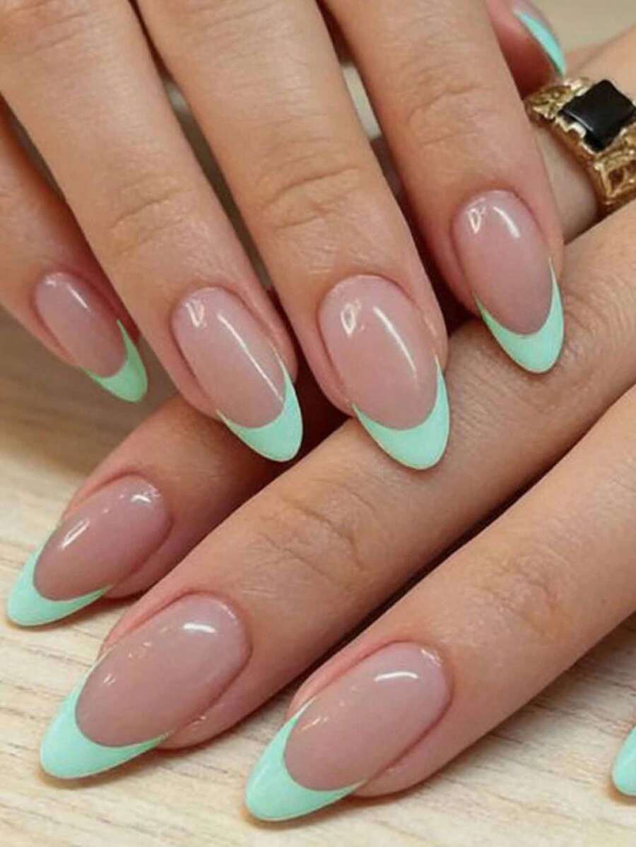 24pcs Short Classic French White Tip Short Pointed Minimalist Round Nails + 1pc Jelly Glue + 1pc Nail File - 彩色 - 查看 1