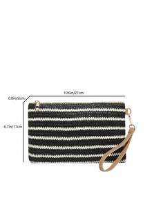 Fashion Spring/Summer New Hand-Carried Document Bag Hand-Held Envelope Bag Casual Black And White Color Block Striped Multi-Use Hand-Carried Straw Woven Colorful Envelope Women's Bag - Black and White - View 3