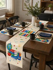 1pc-Back To School Table Runner And Placemats Set, Beige Smart Start Linen Dining Decor With Books, Globe, Apple, Pencil And Paper Plane For Teacher Classroom, Study Room And Home Table - Multicolor - View 7