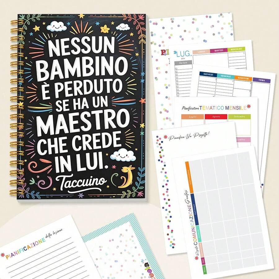 1 pieza Cuaderno espiral A5 2026-2027 para profesor italiano, diseño con la cita "Ningún niño se pierde si tiene un maestro que cree en él", organizador de aula con plan de lecciones y temas mensuales, diario de agradecimiento para el profesor, útiles escolares - A5 - Ver 1