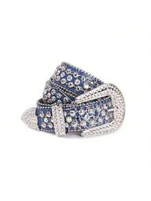 Unisex Rhinestone Belt, Western Cowboy Street Fashion Colorful Rhinestone Studded Design Leather Belt - Blue - View 8