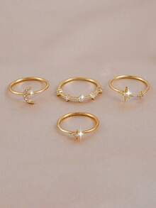 4pcs Exquisite Cubic Zirconia Star & Moon Decor Stackable Ring Set, Suitable For Women Multi-Occasion Wear, Holiday Gift - Yellow Gold - View 2