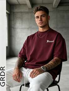 GRDR Men's Retro American Style Minimalist Letter Washed Round Neck Short Sleeve T-Shirt, Comfortable & Breathable For Summer - Burgundy - View 3