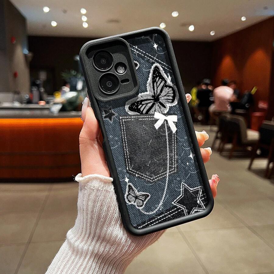 Simple And Reinforced Phone Case, Suitable For All Models, With A Denim-Style Butterfly And Star Chain Design For Redmi Note 13 Pro/Note 12/Note 12 Pro+/Note 11 Pro/Note 11S/Note 10 4G/5G/Note 10 Pro/Note 10S/Note 9 4G/Note 9 Pro/Note 9S/Note 8/12/12C/10A/9A/9C. Durable, Drop-Proof TPU Protective Case With A Stylish Design. - (One Color) 1 Unit Per Package - View 1