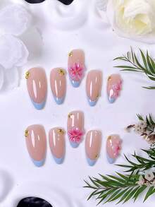 10 piezas de uñas postizas de almendra hechas a mano – puntas francesas azules con degradado rosa y arte floral, detalles de flores pintados a mano & cuentas doradas. Elegantes, románticas & reutilizables, perfectas para el glamour diario, citas, fiestas, vacaciones y regalos para mujeres. - Multicolor - Ver 4