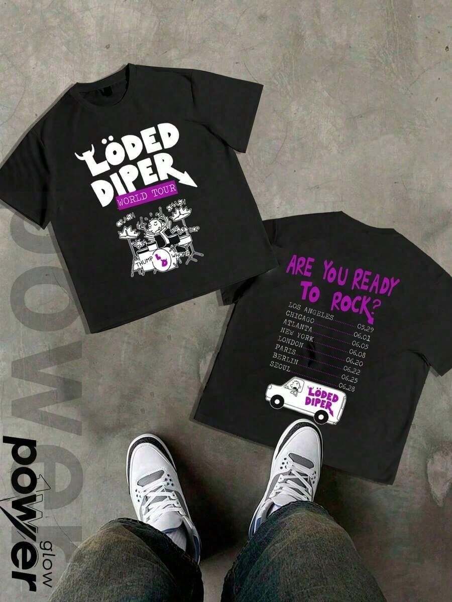 Soft Casual Cotton Loded Diper World Tour Double-Sided Print Unisex Crewneck Short Sleeve T-Shirt, Loose Summer Rock Graphic Tee For Men And Women - Black 2 - 查看 1