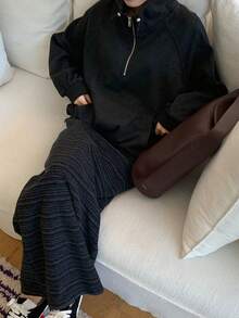 韓式時尚簡約優雅抽繩彈性紋理條紋修身中長裙 女款 黑色 - 黑色 - 查看 7