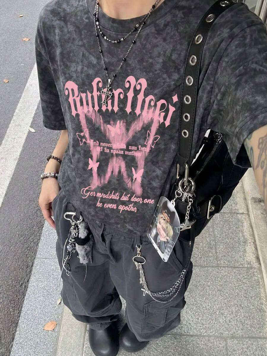 女款圓領寬鬆休閒百搭長版印花水洗黑短袖T恤 夏季 - 深灰 - 查看 1
