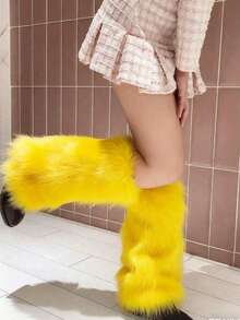 1pair Ladies Fur Long Boot Leggings With Protection YK2 Thermal Socks, In Yellow/Green/Blue/Orange/Black/White/Red/Pink/Purple (9 Colors) - Multicolor - View 22