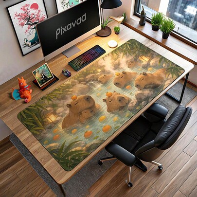 Capybara Hot Spring Large Mouse Pad, Cute Warm Animal Desk Mat With Steam And Bamboo Leaf Pattern, Smooth Non-Slip Extended Keyboard Pad, Suitable For Laptop, Student Dorm, Home Office, Gaming, Pet Lover Gift