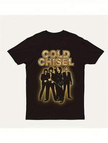 Cold Chisel Offizielles Bandmitglied Grafik-T-Shirt für Herren - Schweres GSM-Gewebe mit Porträts der Mitglieder und goldenen Schriftzügen, Schwarzes Band-T-Shirt für Konzerte, für Fans - Schwarz - Übersicht 1