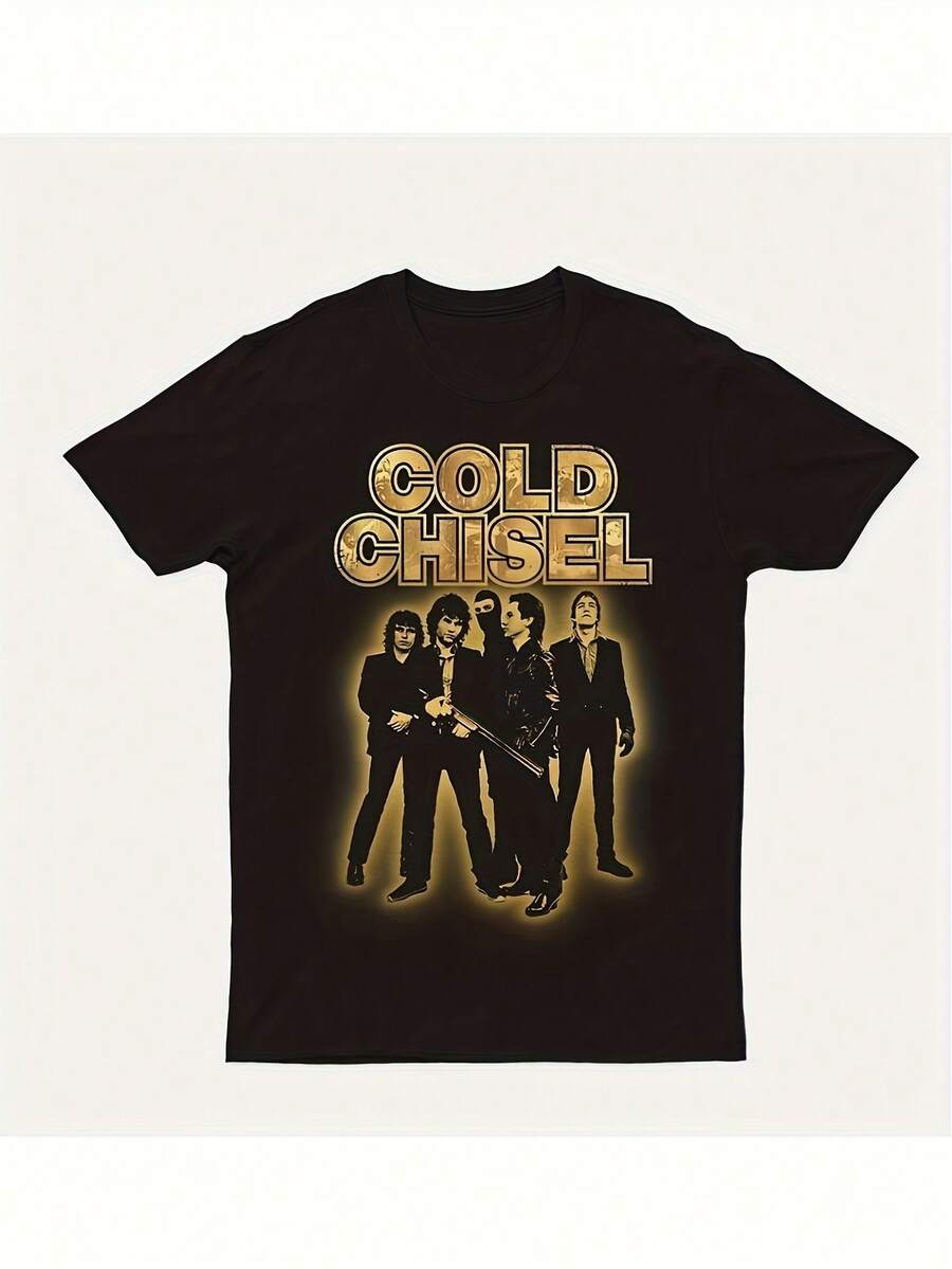 Cold Chisel Offizielles Bandmitglied Grafik-T-Shirt für Herren - Schweres GSM-Gewebe mit Porträts der Mitglieder und goldenen Schriftzügen, Schwarzes Band-T-Shirt für Konzerte, für Fans - Schwarz - Übersicht 1