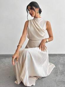 Vestido de línea A con cuello swing, sin mangas y con volantes/Falda paraguas/Ropa de vuelta al colegio/Ropa escolar/Fiesta/Estilo de mujer d - Marrón - Ver 3