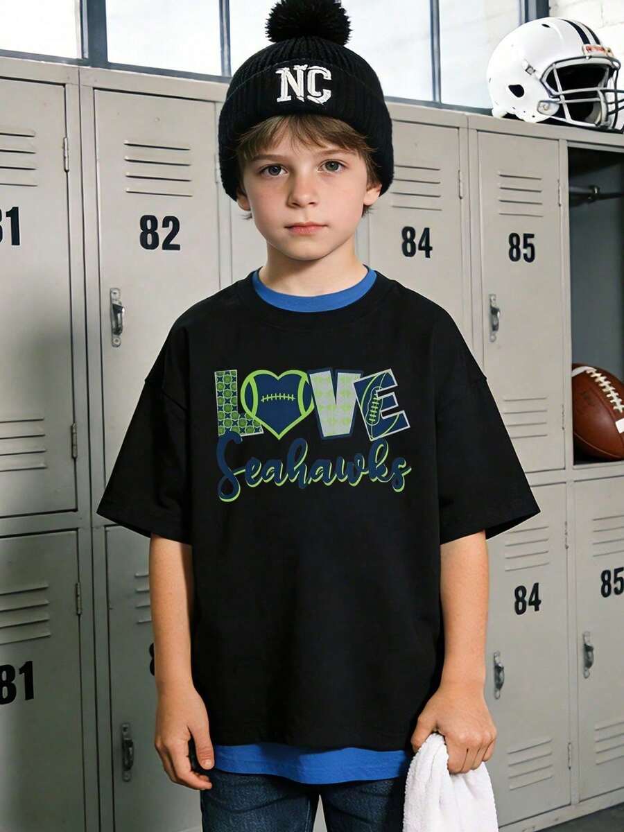 Camiseta de manga corta con cuello redondo informal y suave de verano para niño,Estampado Patrón de LOVE Seahawks corazón,Adecuado para uso diario y salidas casuales.White - Negro - Ver 1