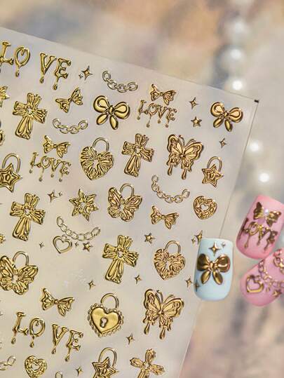 1 Pieza De Pegatina De Metal Dorado 3D Premium De Lujo Para Uñas, Diseño De Mariposa Y Candado En Forma De Corazón, Lazo Y Carta De Amor, Encanto De Uñas Pegatina Autoadhesiva En Relieve, Pegatina De Decoración De Arte De Uñas Estilo Romántico Y2K