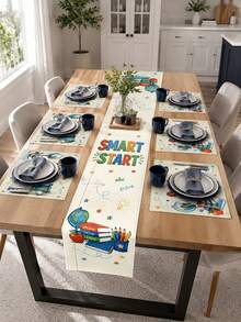 1pc-Back To School Table Runner And Placemats Set, Beige Smart Start Linen Dining Decor With Books, Globe, Apple, Pencil And Paper Plane For Teacher Classroom, Study Room And Home Table - Multicolor - View 9