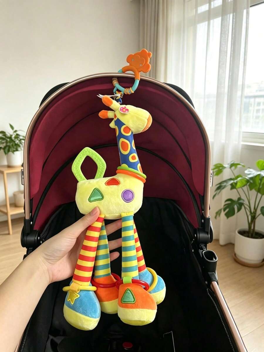 1pc Baby Giraffe Rattle Toy With Teether, Soft Plush Hanging Sensory Activity Toy With Ring Bells And Squeaker For Stroller, Crib And Car Seat, Gift For Infant Boys And Girls - 彩色 - 查看 1