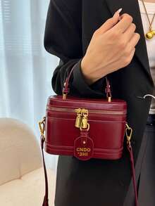Hevel 女款優雅純色 PU 便攜方型包，適合旅行、購物、派對、通勤，女用手提包 - 酒紅色 - 查看 6