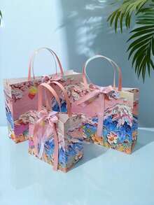 Oil Painting Floral Gift Bags With Ribbon Bow, Waterproof Reusable Paper Tote Bags For Wedding Birthday Party Favors - View 1