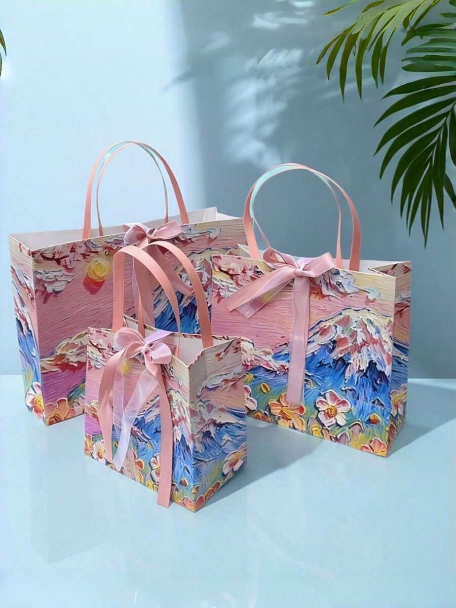 Oil Painting Floral Gift Bags With Ribbon Bow, Waterproof Reusable Paper Tote Bags For Wedding Birthday Party Favors - View 1