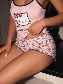 Hello Kitty 2026 Women's Summer Pajama Set 2 Pieces Sleepwear Set Pajama Pants Robe Y2K Style Loungewear Shorts + Top Casual Set - Apricot - View 3