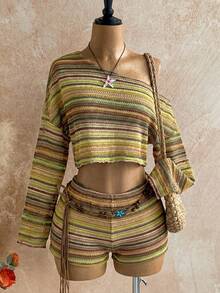 Conjunto de 2 piezas de top asimétrico de hombro y shorts a rayas de verano para mujer - Verde Oliva - Ver 1