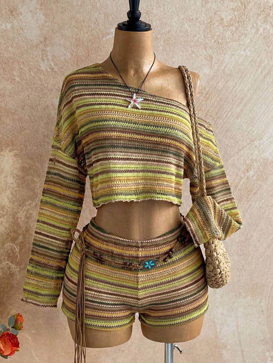 Conjunto de 2 piezas de top asimétrico de hombro y shorts a rayas de verano para mujer - Verde Oliva - Ver 1