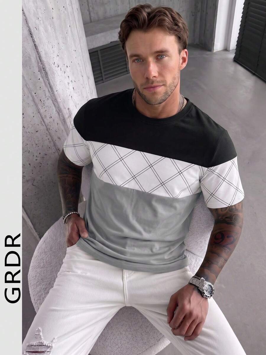 GRDR 1pc Summer New Contrast Color Business Casual Round Neck Men's T-Shirt - Grey - View 1