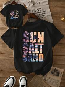 Camiseta vintage de talla grande para mujer con estampado de playa, sol y arena, corte holgado, mangas cortas, cuello redondo, informal para las vacaciones de verano. - Negro - Ver 1