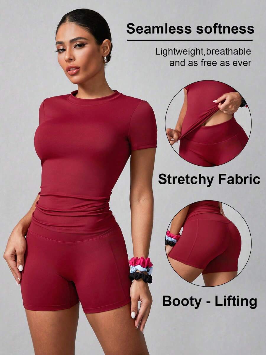Women's Simple Solid Color Tracksuit With Shorts And Short Sleeves, Summer Black - Beige - View 1