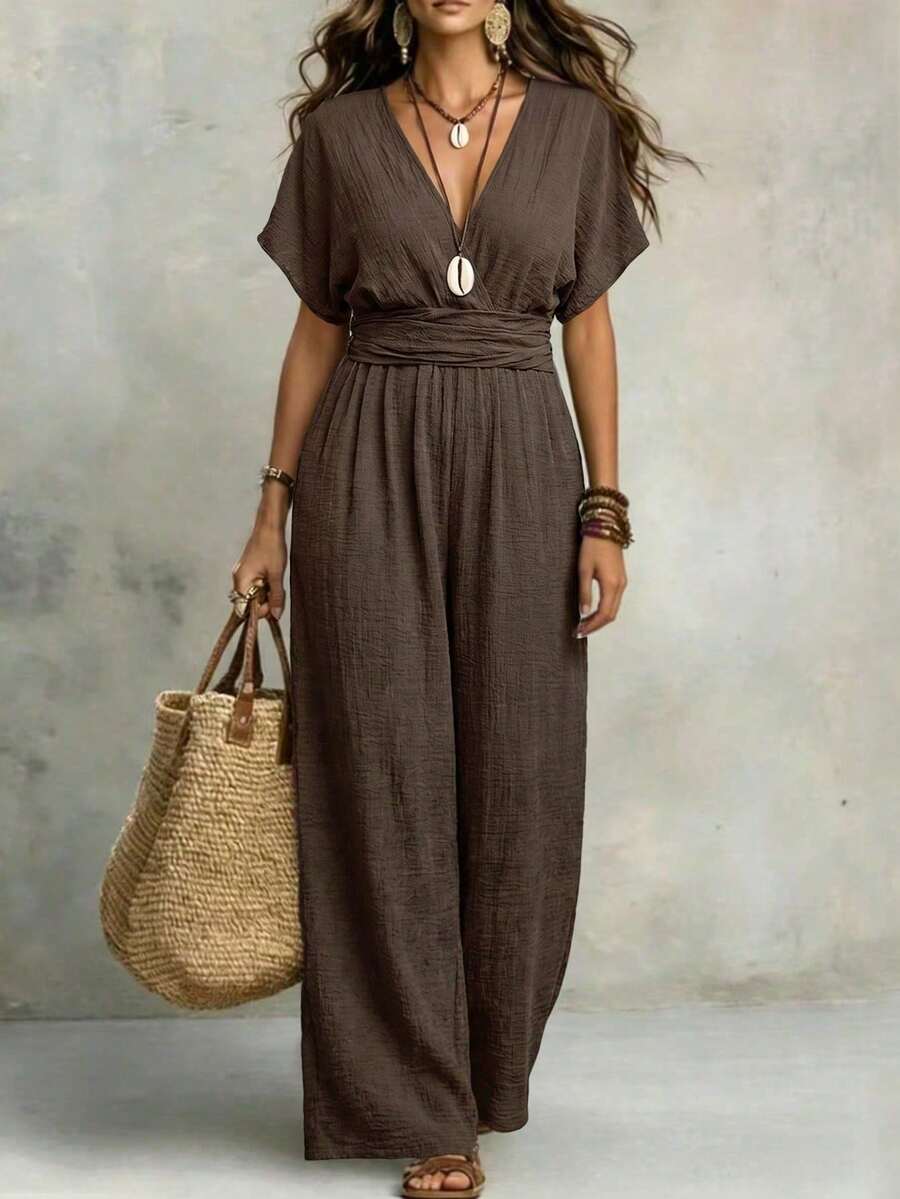 Chic Urbano.Mono Largo de Verano con Manga Murciélago, Cuello en V y Torsión, Estilo Casual de Vacaciones, Holgado, Talla Grande, Ropa de Calle Diaria, Mono de Pierna Ancha - Café integral - Ver 1