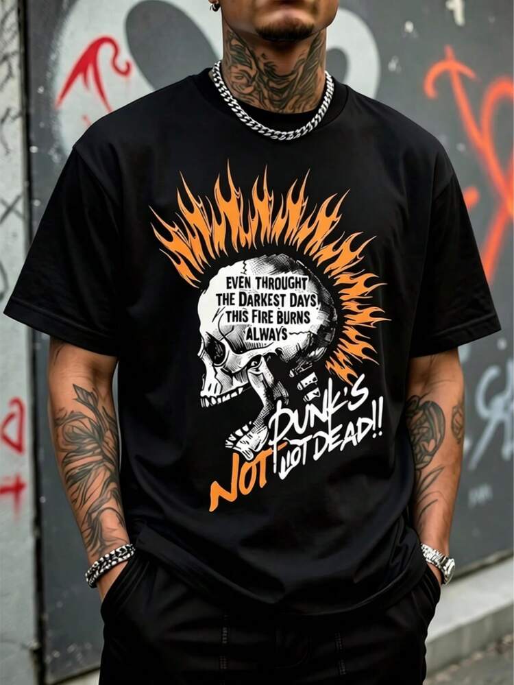 Men's Round Neck Short Sleeve T-Shirt, Loose Fit, Decorated With A Flaming Skull Print, Summer Fashion. - Black - View 8