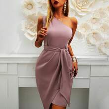 Vestido de Fiesta de Verano Nuevo, Estilo Europeo y Americano, Color Sólido, Sin Mangas, con Tirantes Asimétricos - Azul - Ver 6